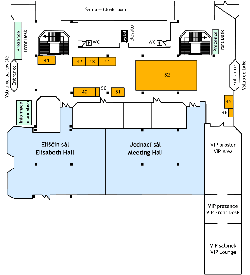 Schéma kongresového centra Aldis – Přízemí